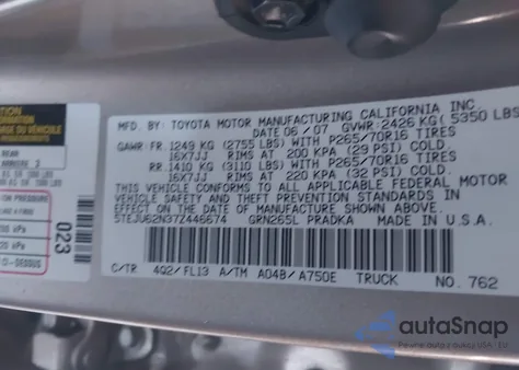 2007 Toyota Tacoma Prerunner V6 z USA, uszkodzony, nr VIN 5TEJU62N37Z446674